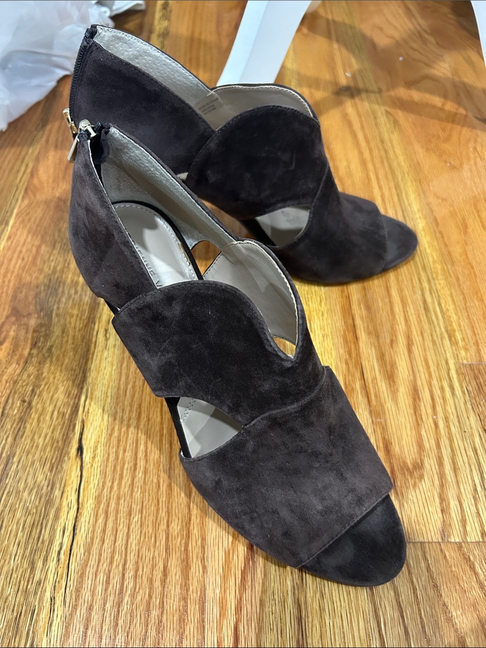Adrienne Vittadini Dark Brown Suede Cutout Open-Toe Heels
